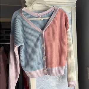 Colorblock Knit Button-Front Cardigan - Blue, Pink & Cream